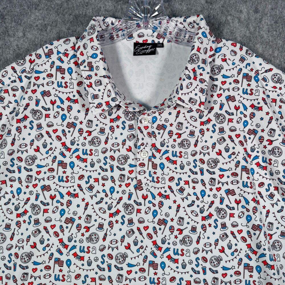 Sunday Swagger Polo Shirt Mens 3XL White Short Sleeve USA 4th Of July Print - Picture 2 of 10
